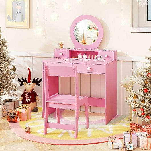 Kids Vanity Set with Mirror Princess Makeup Dressing Desk and Chair Set with Mirror-White