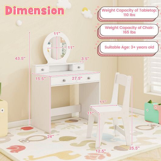 Kids Vanity Set with Mirror Princess Makeup Dressing Desk and Chair Set with Mirror-White